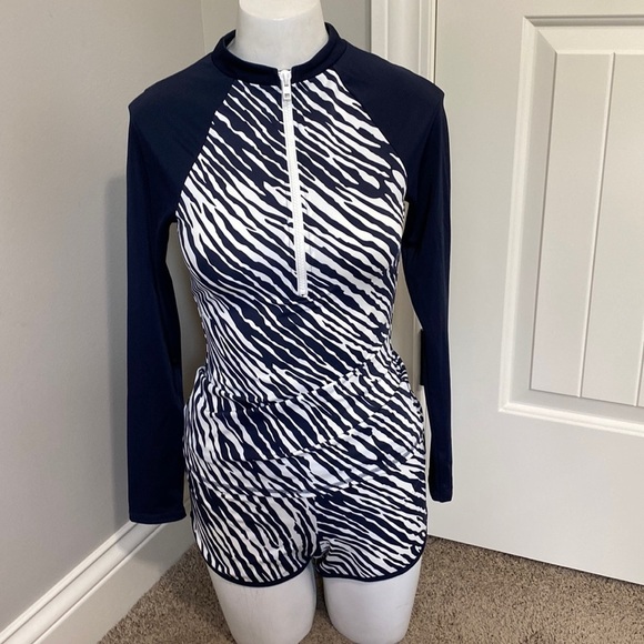 BODEN Piping Swimsuit Zebra Print Set Long Sleeve Top AND Bottom Size 4 - Picture 1 of 11
